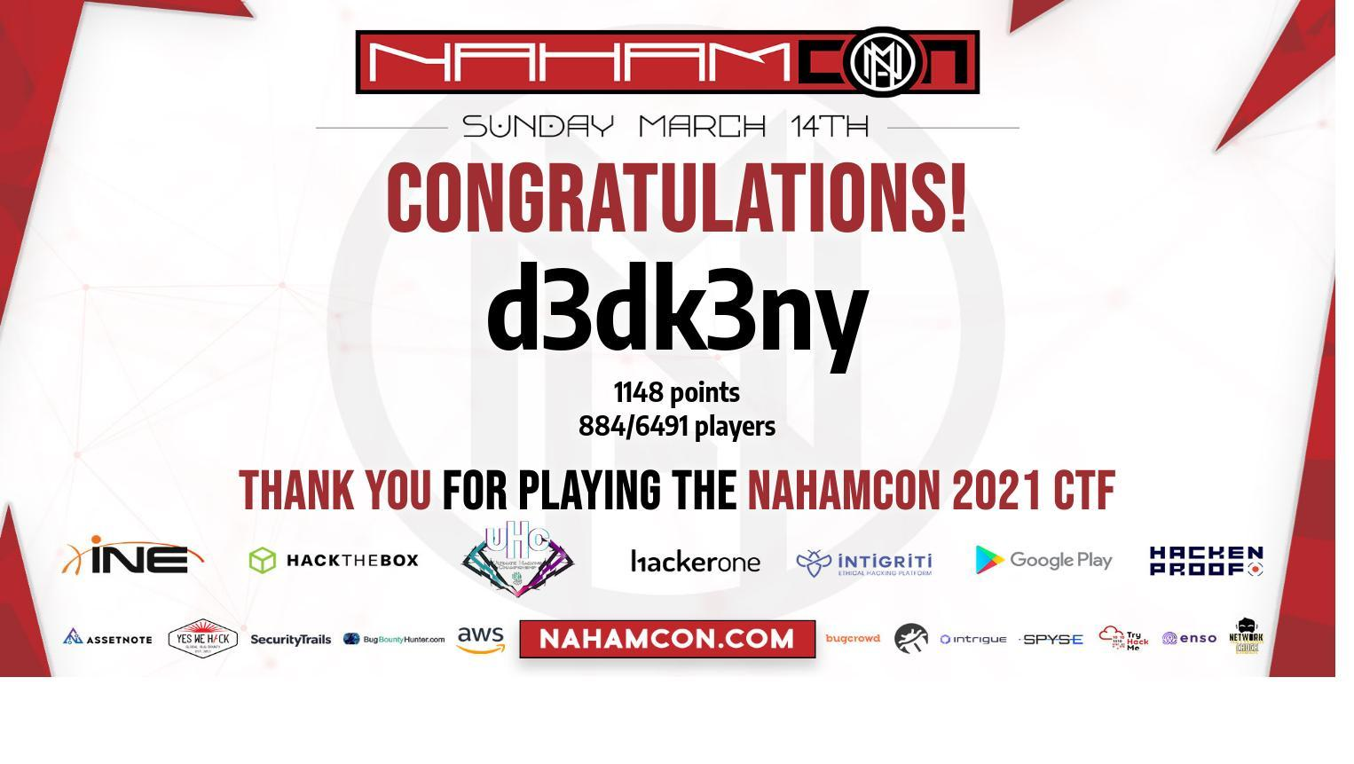 NahamCon 2021 CTF certificate for d3dk3ny: 1,148 points, ranked 884 of 6,491 players